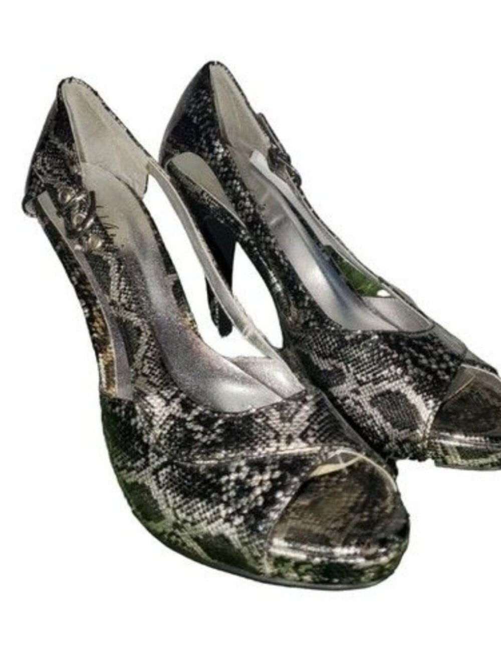Michael Antonio, Gray Faux Patent Snake Print, Peep Toe Pumps - Size 9 Heels